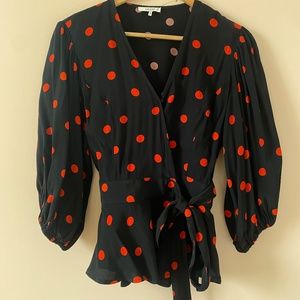 Ganni Barra Crepe Wrap Top- Black & Red Polka Dots. S